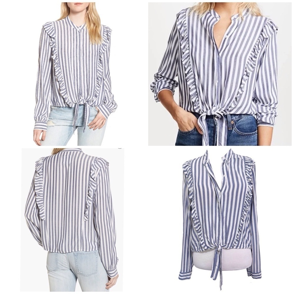 Rails Piper Ruffle Ocean White Stripe Button Up Blouse Small